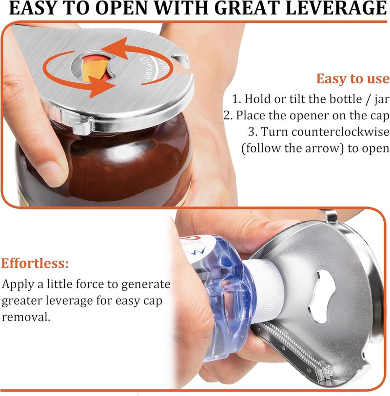 Uinxan Jar Bottle Can Opener for Weak Hand & Seniors with Arthritis-Easy Twist Off Caps (0.6"-2.7") & Pull Tab Seals,Unique Kitchen Gadget,Multi,Portable Christmas Gifts for Elderly/Women/Men (Silver) - Image 3